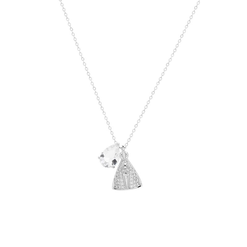 Colar-Nossa-Senhora-Aparecida-com-Zirconia-Branca-e-Gota-de-Cristal---Banho-de-Rodio-Branco