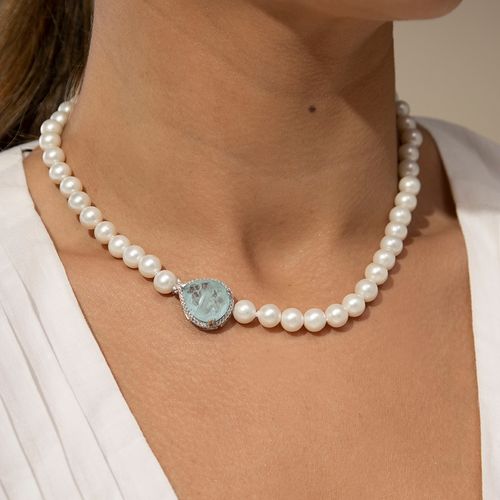 Colar de Pérolas Shell com Fusion Turmalina Light Pérola Zircônia Branca Gota Com Cravação Em Garras - 42 cm - Prata 925