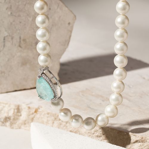 Colar de Pérolas Shell com Fusion Turmalina Light Pérola Zircônia Branca Gota Com Cravação Em Garras - 42 cm - Prata 925