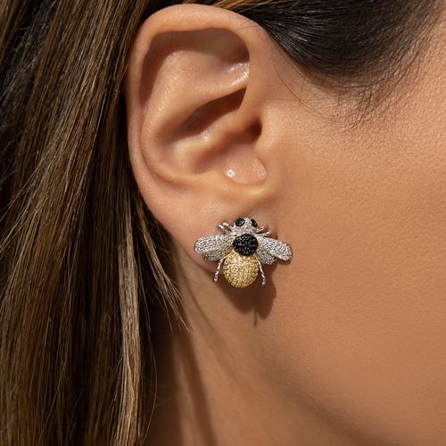 Brinco Abelha com Cristal Esmeralda, Zircônias Negras e Champagne - Prata 925