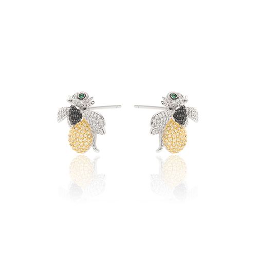 Brinco Abelha com Cristal Esmeralda, Zircônias Negras e Champagne - Prata 925