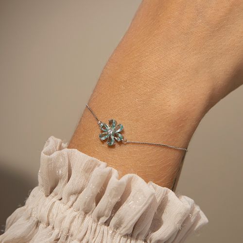 Pulseira Flor de Cristal Topázio Azul com Zircônias Brancas - 19cm - Prata 925