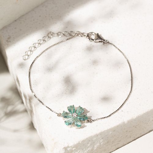 Pulseira Flor de Cristal Topázio Azul com Zircônias Brancas - 19cm - Prata 925