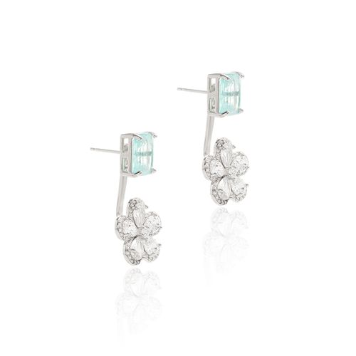Brinco Versátil com Retângulo de Fusion Turmalina Light e Flor Cravejada de Zircônias Brancas - Prata 925