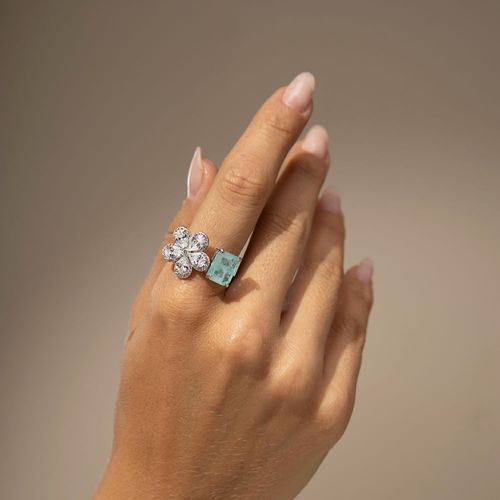Anel Retângulo Fusion Turmalina Light com Flor de Zircônias Brancas em Gotas - Prata 925