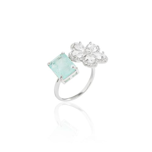 Anel Retângulo Fusion Turmalina Light com Flor de Zircônias Brancas em Gotas - Prata 925