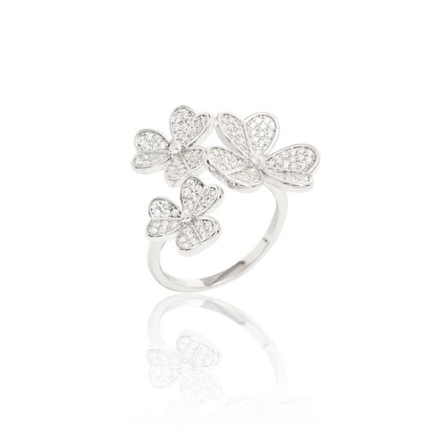 Anel Aro Aberto Trevos com Zircônias Brancas - Prata 925