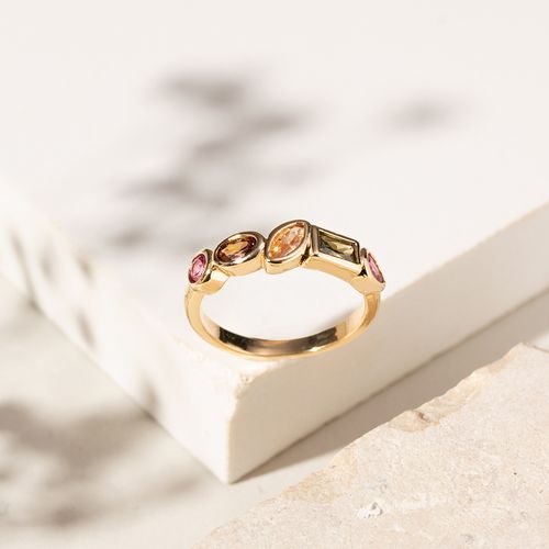 Anel Cristal Morganita, Cristal Turmalina Rosa e Cristal Peridoto em Formas - Banho de Ouro 18k