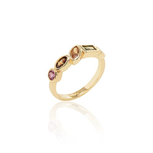 Anel Cristal Morganita, Cristal Turmalina Rosa e Cristal Peridoto em Formas - Banho de Ouro 18k