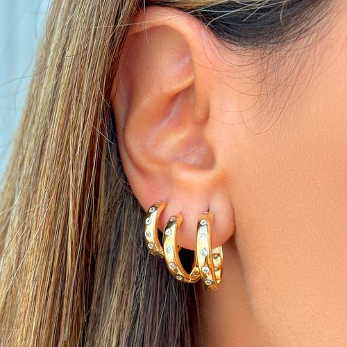 Brinco Argola com Zircônias Brancas - Kit com 3 Pares (15mm, 18mm e 20mm) - Banho de Ouro 18k