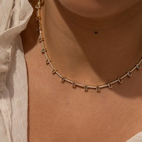 Colar Riviera Inteira com Cristais Morganita, Paraíba e Topázio Azul em Retângulos - 44cm - Banho de Ouro 18k