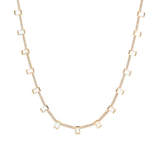 Colar Riviera Inteira com Cristais Morganita, Paraíba e Topázio Azul em Retângulos - 44cm - Banho de Ouro 18k