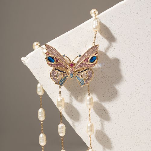 Colar com Pérola Coreana, Cristal Safira e Zircônias Coloridas com Borboleta de Broche Removível - 90cm - Banho de Ouro 18k