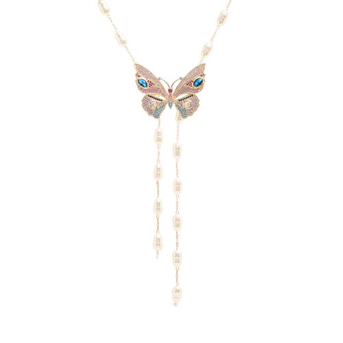 Colar com Pérola Coreana, Cristal Safira e Zircônias Coloridas com Borboleta de Broche Removível - 90cm - Banho de Ouro 18k