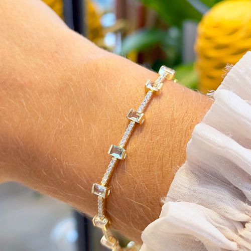 Pulseira Riviera Inteira com Cristais Morganita, Paraíba e Topázio Azul em Retângulos - 17cm - Banho de Ouro 18k