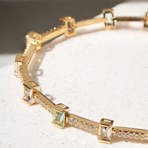 Pulseira Riviera Inteira com Cristais Morganita, Paraíba e Topázio Azul em Retângulos - 17cm - Banho de Ouro 18k