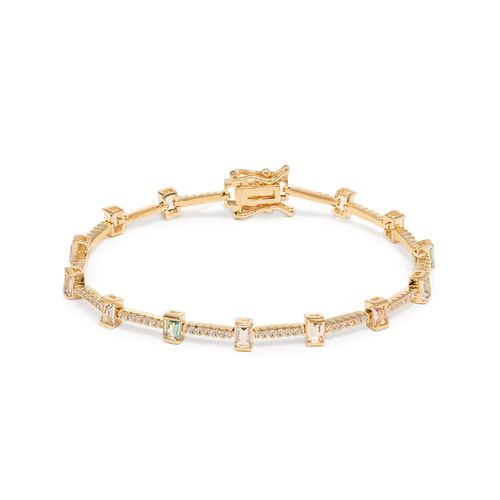 Pulseira Riviera Inteira com Cristais Morganita, Paraíba e Topázio Azul em Retângulos - 17cm - Banho de Ouro 18k