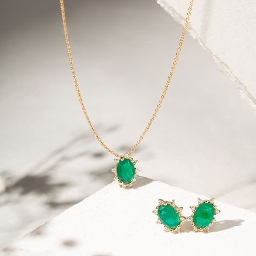 Conjunto Oval com Cristal Esmeralda e Zircônias Brancas (Colar e Brinco) - Banho de Ouro 18k