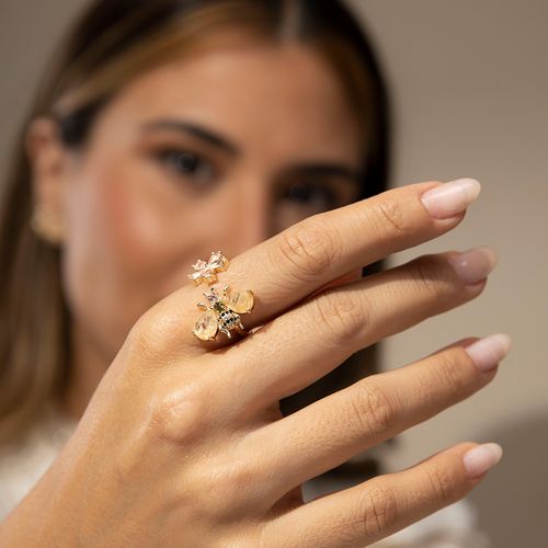 Anel Abelha com Cristal Rutilado, Cristal Morganita e Cristal Peridoto - Banho de Ouro 18k