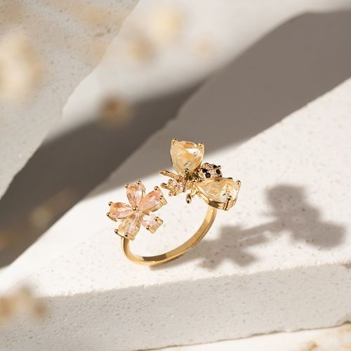 Anel Abelha com Cristal Rutilado, Cristal Morganita e Cristal Peridoto - Banho de Ouro 18k
