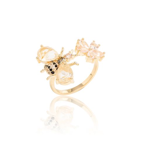 Anel Abelha com Cristal Rutilado, Cristal Morganita e Cristal Peridoto - Banho de Ouro 18k