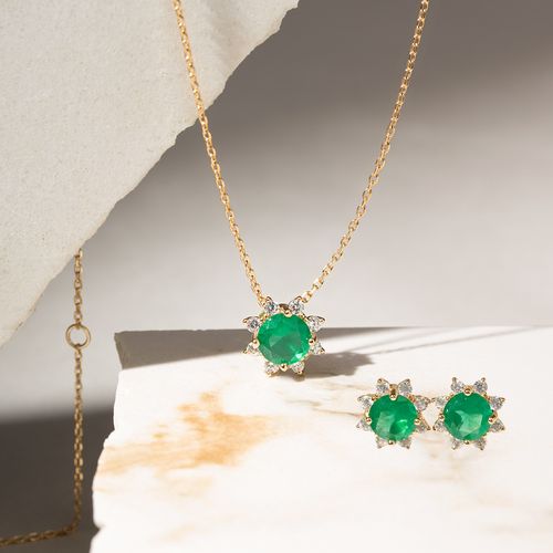 Conjunto Redondo com Cristal Esmeralda e Zircônias Brancas (Colar 50cm e Brinco) - Banho de Ouro 18k