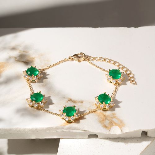 Pulseira com Cristal Esmeralda e Zircônias Brancas em Redondos - 18cm - Banho de Ouro 18k