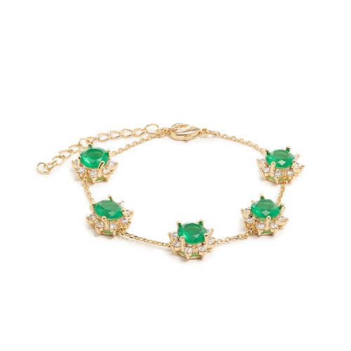 Pulseira com Cristal Esmeralda e Zircônias Brancas em Redondos - 18cm - Banho de Ouro 18k