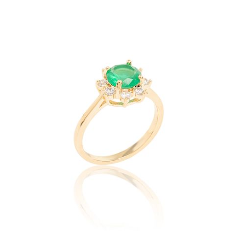 Anel Redondo com Cristal Esmeralda e Zircônias Brancas - Banho de Ouro 18k
