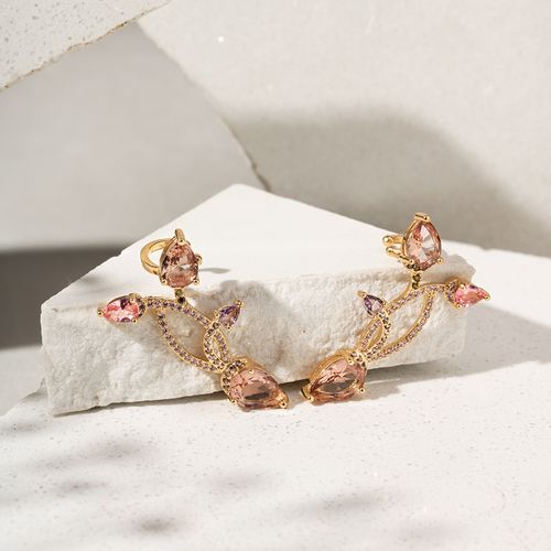 Brinco Ear Cuff Arabesco com Cristais Rodolita, Peridoto e Ametista em Gotas - Banho de Ouro 18k