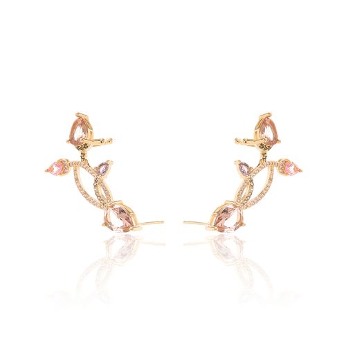 Brinco Ear Cuff Arabesco com Cristais Rodolita, Peridoto e Ametista em Gotas - Banho de Ouro 18k
