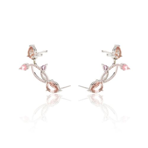 Brinco Ear Cuff Arabesco com Cristais Rodolita, Peridoto e Ametista em Gotas - Banho de Ródio Branco