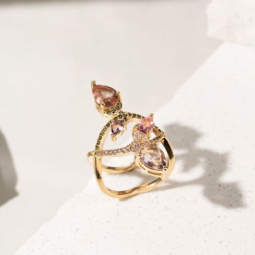 Anel Arabesco com Cristais Rodolita, Peridoto e Ametista em Gotas - Banho de Ouro 18k
