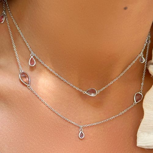 Colar Longo com 12 Gotas de Cristais Rodolita, Peridoto e Ametista - 82cm - Banho de Ródio Branco