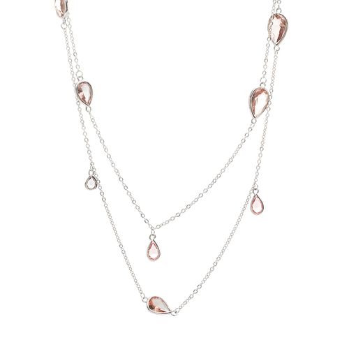 Colar Longo com 12 Gotas de Cristais Rodolita, Peridoto e Ametista - 82cm - Banho de Ródio Branco