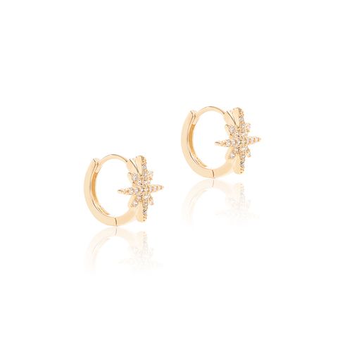 Brinco Argolinha com Estrela de 8 Pontas e Zircônias Brancas - Banho de Ouro 18k