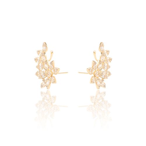 Brinco Ear Cuff com 14 Gotas de Zircônias Brancas Cravejadas de Baguetes - Banho de Ouro 18k