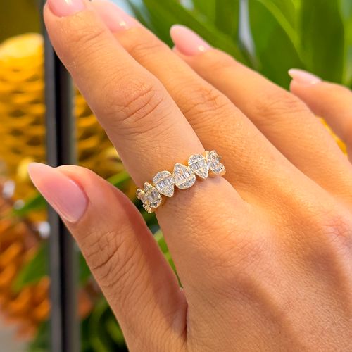 Anel com Zircônias Brancas em Gotas Cravejadas de Baguetes - Banho de Ouro 18k