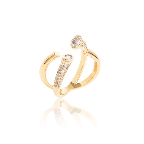 Anel Aberto em X com Zircônias Brancas Ovais - Banho de Ouro 18k