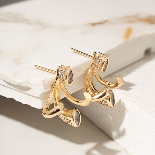 Brinco Ear Jacket com Zircônias Brancas em Gota, Oval e Três Pontas - Banho de Ouro 18k