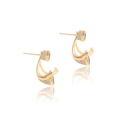 Brinco Ear Jacket com Zircônias Brancas em Gota, Oval e Três Pontas - Banho de Ouro 18k