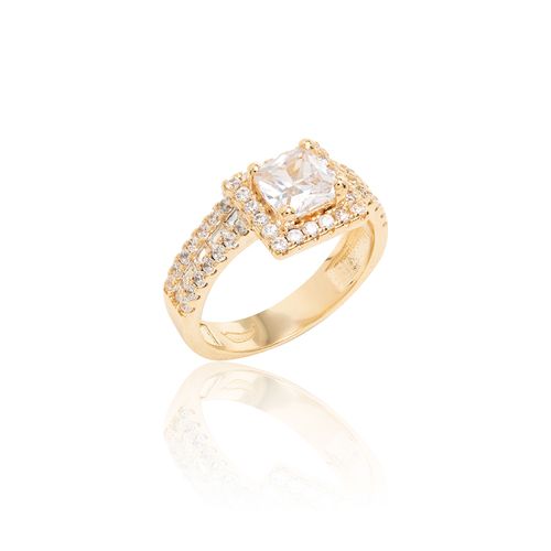 Anel Quadrado Solitário com Zircônia Branca e Aparador - Banho de Ouro 18k