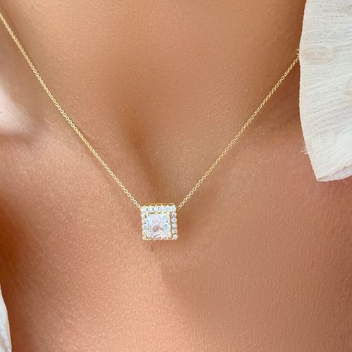 Conjunto Quadrado com Zircônias Brancas (Colar 48cm e Brinco) - Banho de Ouro 18k