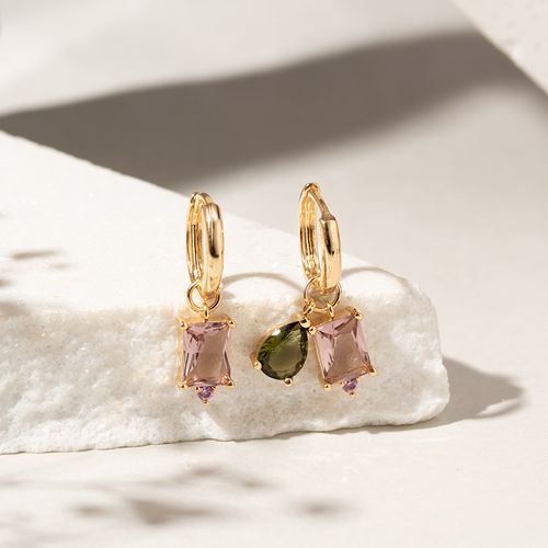 Brinco Argola com Pingentes de Cristal Rodolita, Cristal Peridoto e Zircônia Rosa - Banho de Ouro 18k