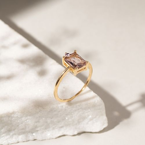 Anel Retangular com Cristal Rodolita e Zircônia Rosa - Banho de Ouro 18k