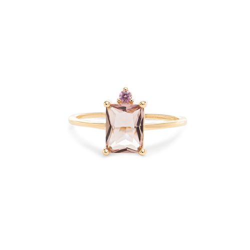 Anel Retangular com Cristal Rodolita e Zircônia Rosa - Banho de Ouro 18k