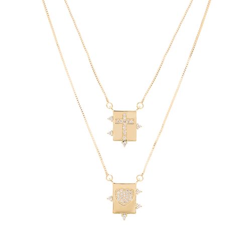 Colar Escapulário com Placas de Coração e Cruz e Zircônias Brancas - 65cm - Banho de Ouro 18k