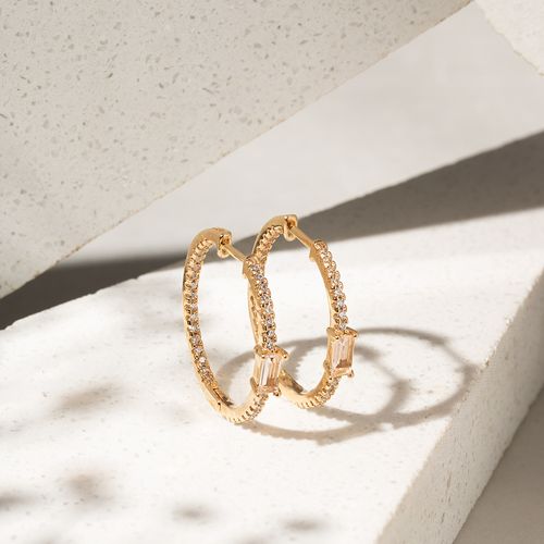 Brinco Argola 25mm com Cristal Rodolita e Zircônias Brancas - Banho de Ouro 18k