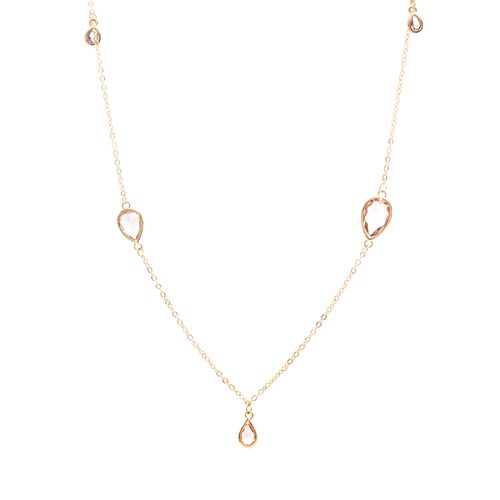 Colar Longo com 12 Gotas de Cristais Rodolita, Peridoto e Ametista - 82cm - Banho de Ouro 18k