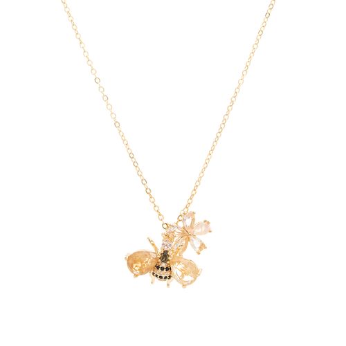 Colar Escapulário Abelha com Cristal Rutilado, Cristal Morganita e Cristal Peridoto - 64cm - Banho de Ouro 18k